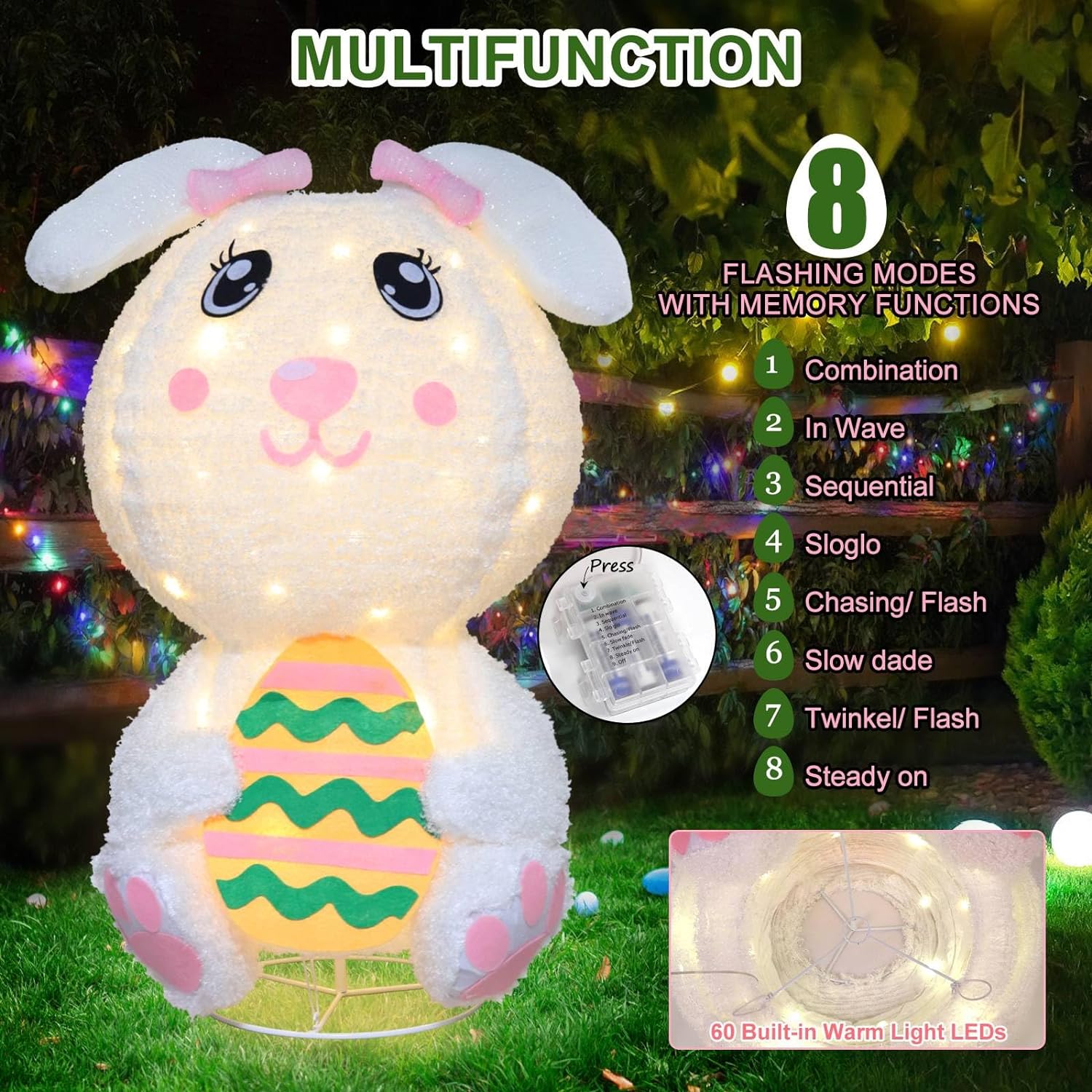 Easter Stuffed Animal 2.5 FT Easter Bunny Lights with 60 LEDs with Remote Control, 8 Lighting Modes for Home