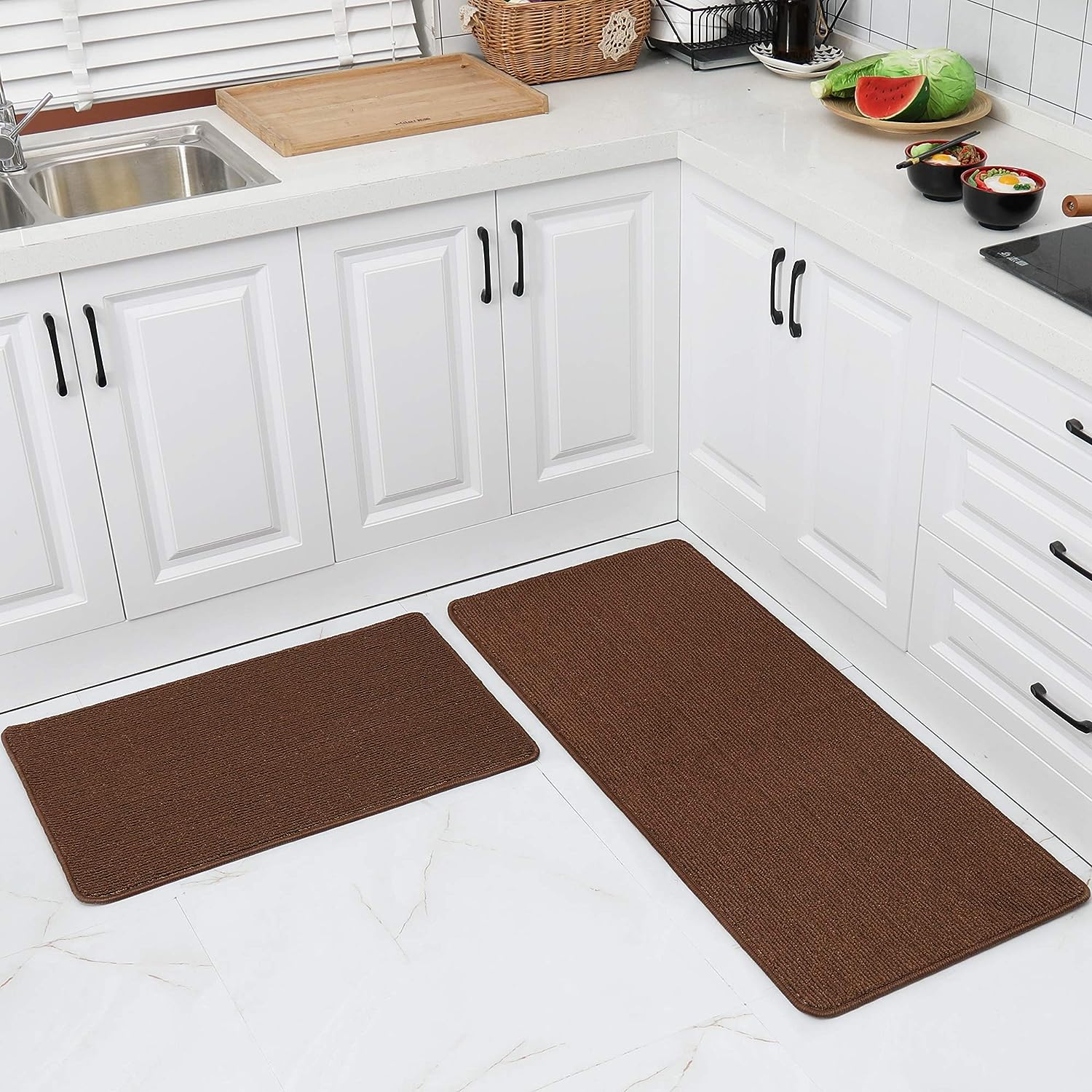 2PCS Kitchen Rug Machine Washable Kitchen Mat, Brown (20" x 30" + 20" x 48")