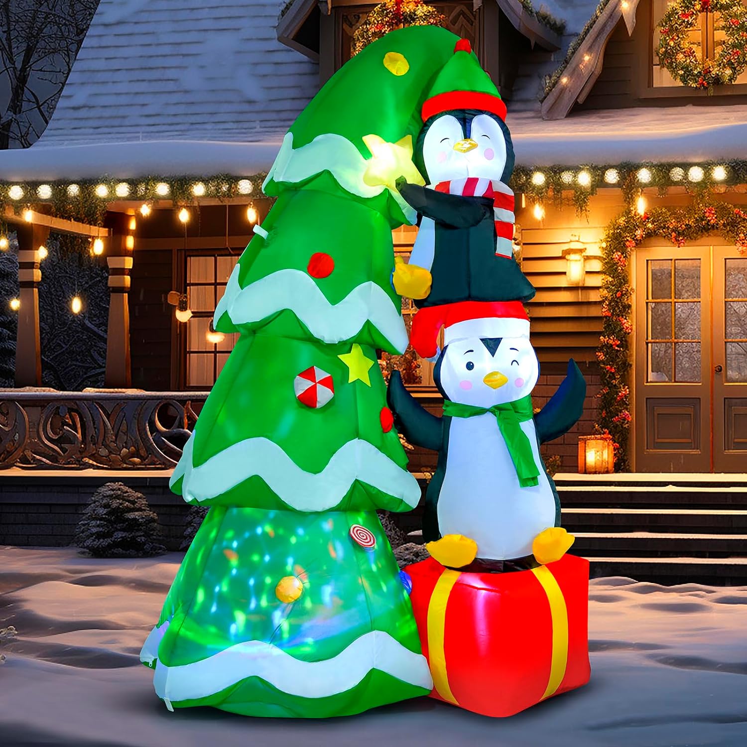 Inflatable Christmas Tree 7FT Outdoor Decorations, Blow up Christmas Tree with Penguins & Gift Box Yard Decorations, Build-in LED Lights