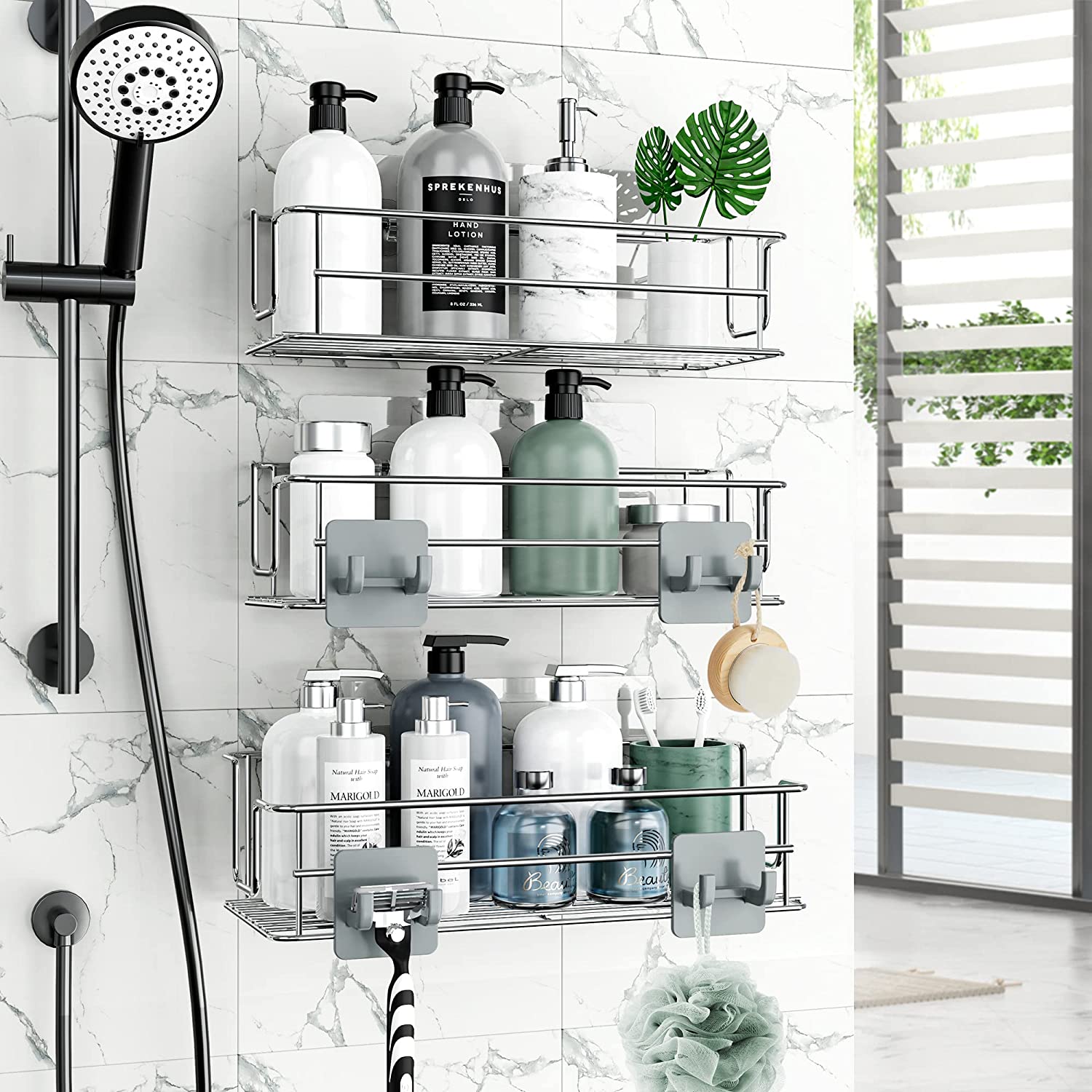 Bathroom Organizer Hanging Shower Caddy Stainless Steel with 4 Plastic Hooks and 4 Adhesives