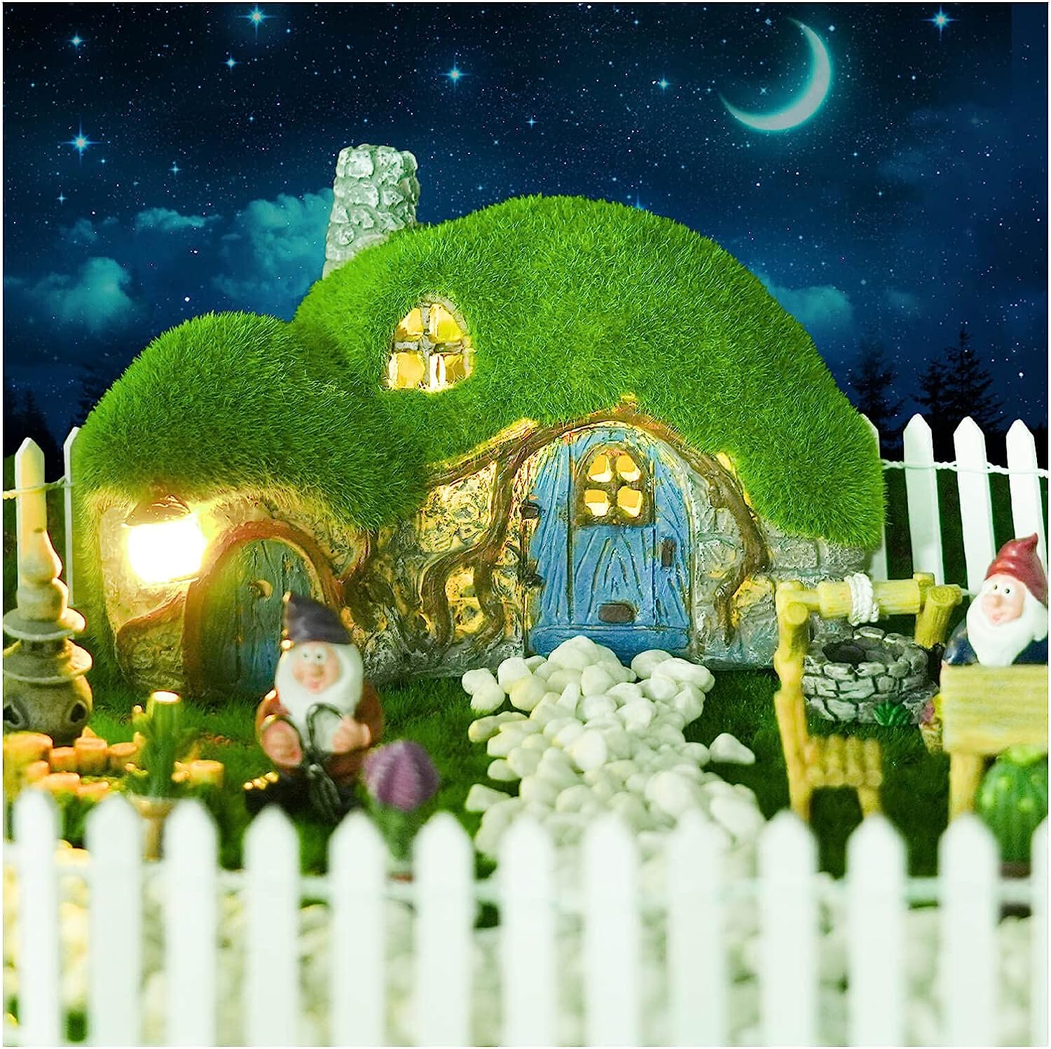 Garden House Statue Outdoor Statues with Solar Lights Garden Cottage Lighting Figurines Yard Decoration