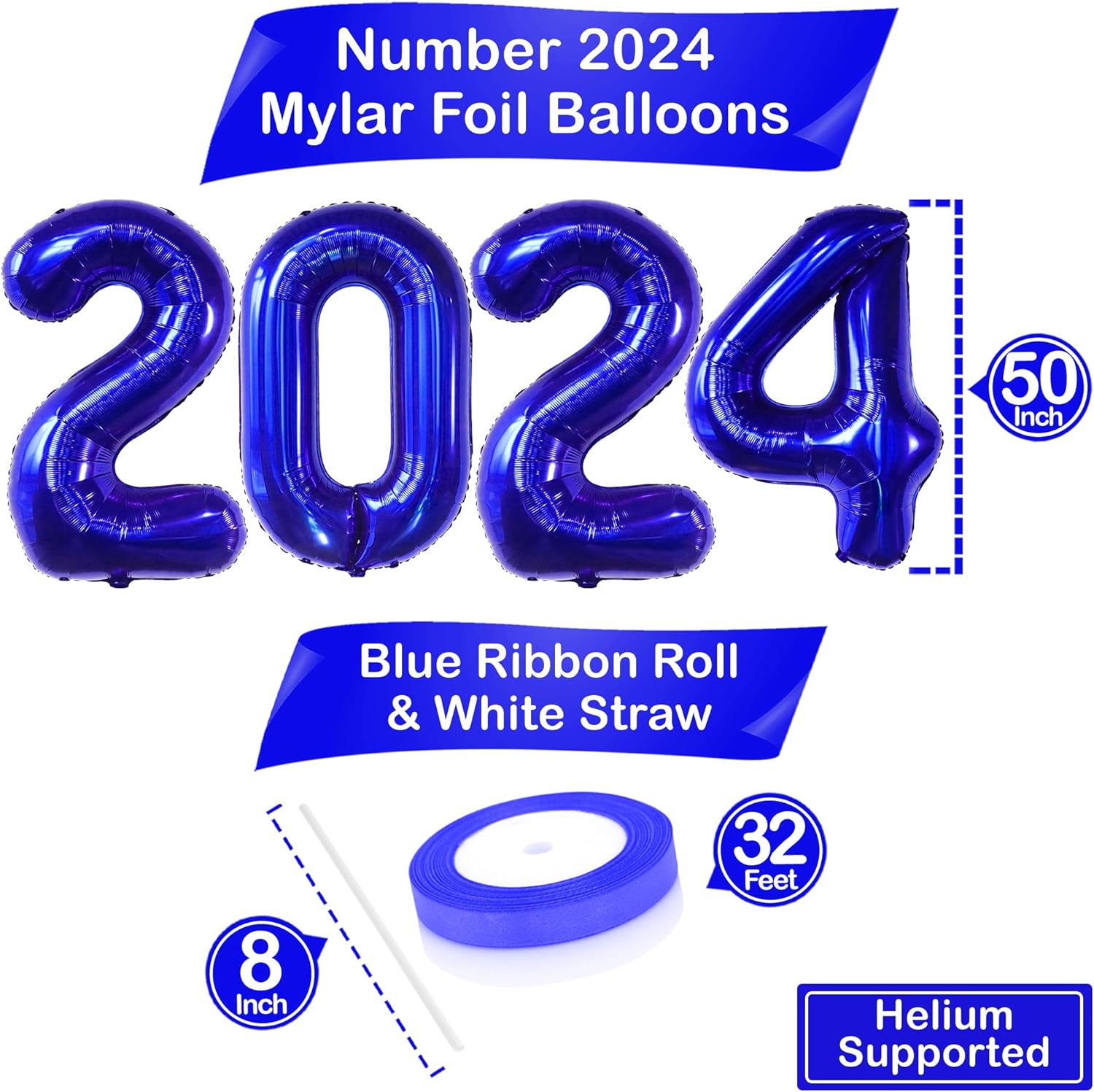 2024 Balloon Numbers 50" Blue New Years Balloons, Royal Blue