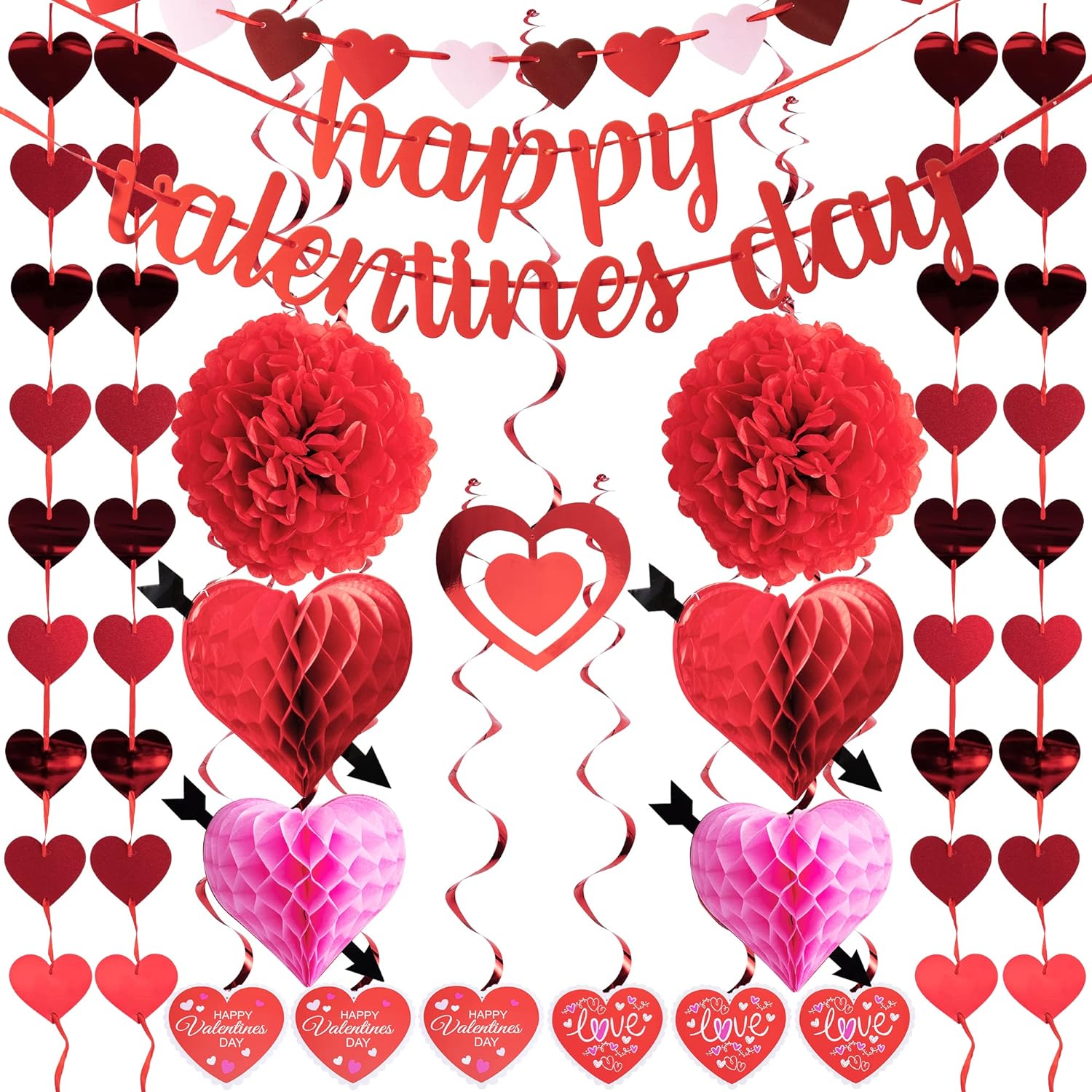 Valentine’s Day Party Decoration Kit 20 PCS with Banner, Cutouts Swirls Garland, Tissue Fans & Tissue Poms