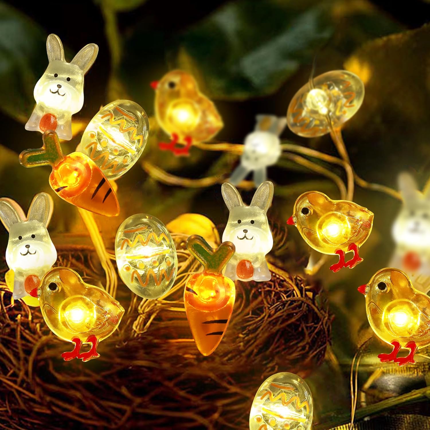 Easter Decorations Bunny Carrot Egg 13FT 40 LED Lights  for Home Table Indoor Outdoor Bedroom Party Holiday Spring Eggs Decor