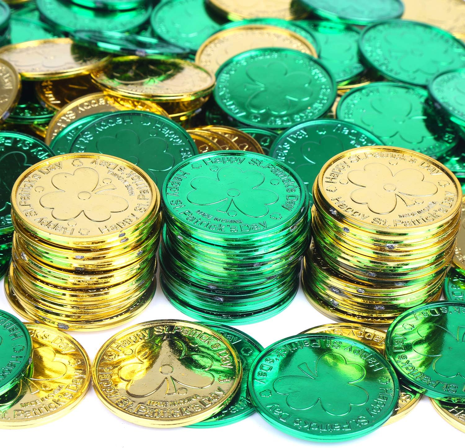 St. Patrick's Party Decoration 144PCS Lucky Coins Plastic Shamrock Leprechaun 3-Leaf Clover Coins (Gold and Green)