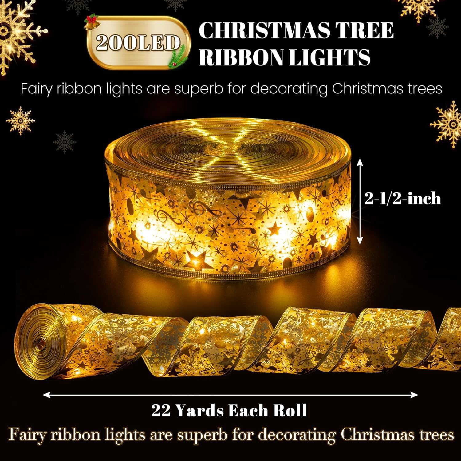 Christmas Tree Decorations 200 Led Ribbon Lights with 8 Lighting Modes, Battery Operated & USB Powered Fairy String Lights with Timer, Gold