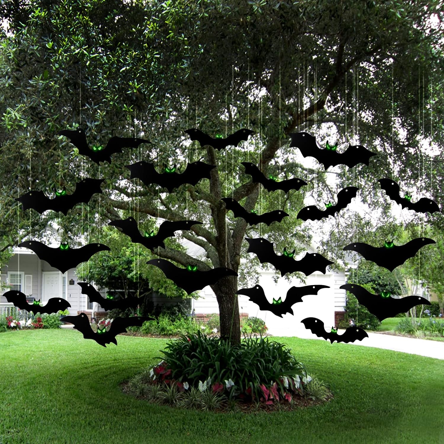 Halloween 20 Pieces Hanging Bats Decorations Plastic Flying Bats with Glowing Eyes for Outdoor