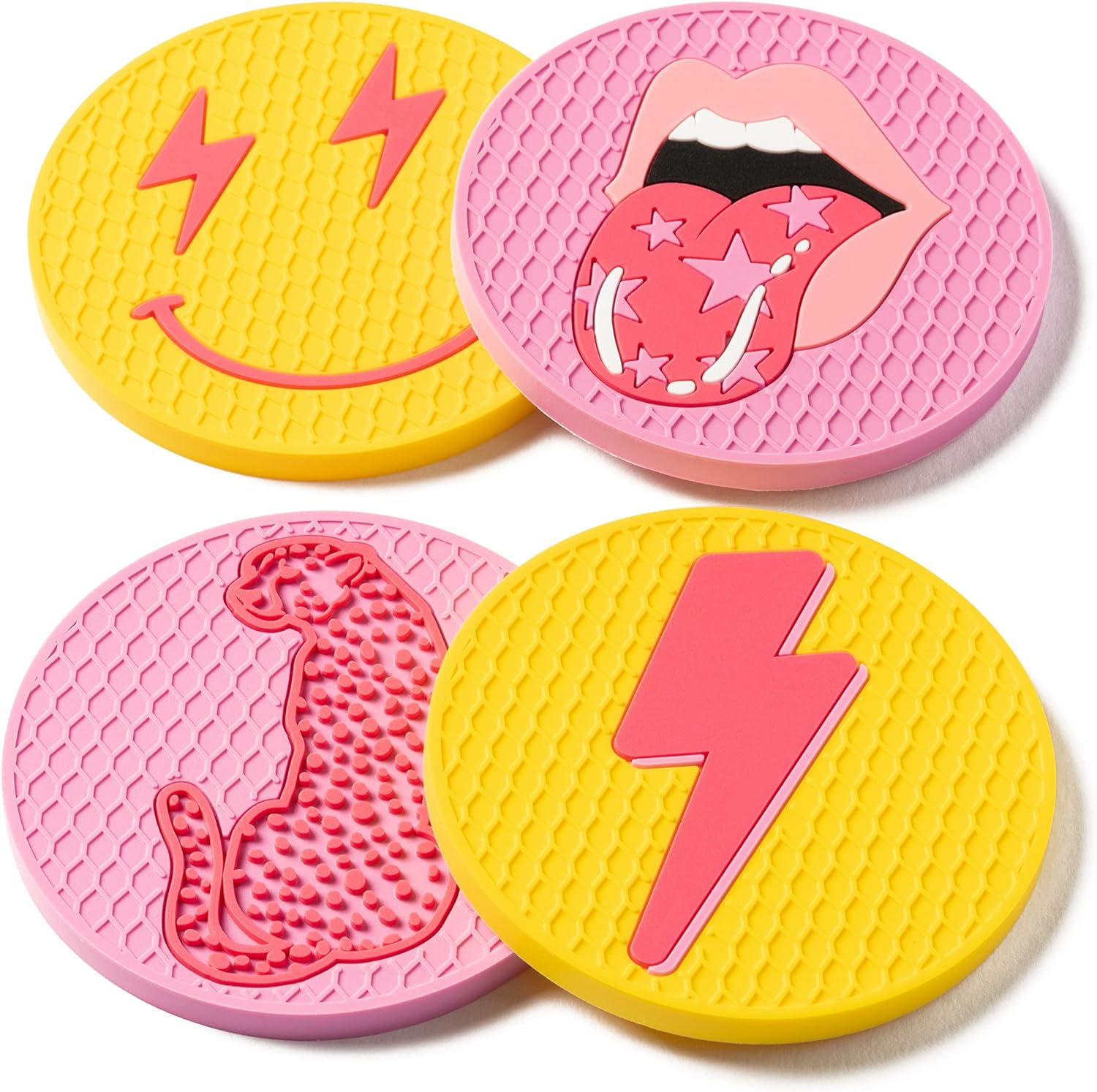 Car Cup Coaster 4 Packs, 2.8" Smile Face Lightning Bolt Leopard Lip Silicone