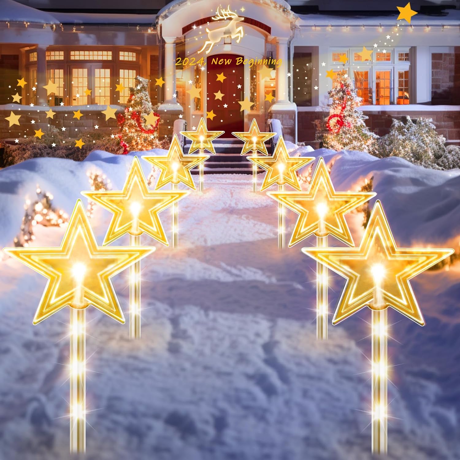 Christmas Decorations 8 Pack Twinkling Big Star Solar Christmas Lights with 32 LED and 8 Lighting, Warm White