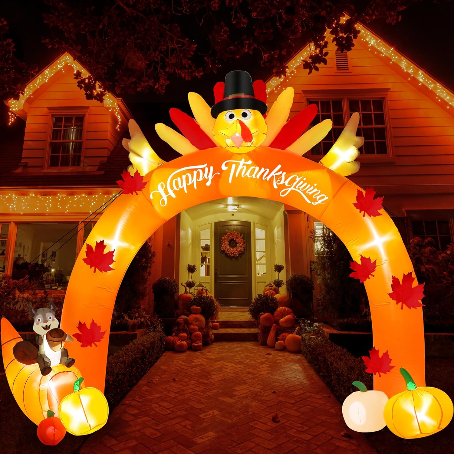 Thanksgiving Inflatable Decor 12FT Turkey Arch with Squirrel Pumpkins, Pre-lit Thanksgiving Blow Up Yard Decorations