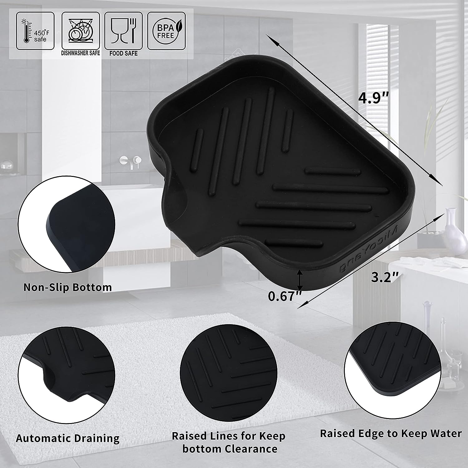 Silicone Bathroom Soap Dishes with Drain Spout-Bathroom and Kitchen Sink Organizer, Black