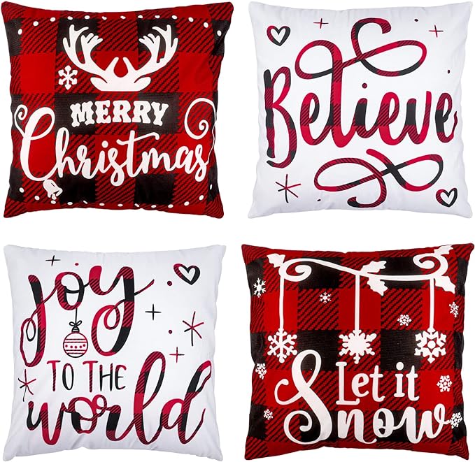 Christmas Pillow Covers 18" Set of 4 Winter Throw Pillow Covers Holiday Buffalo Plaid Pillow Covers
