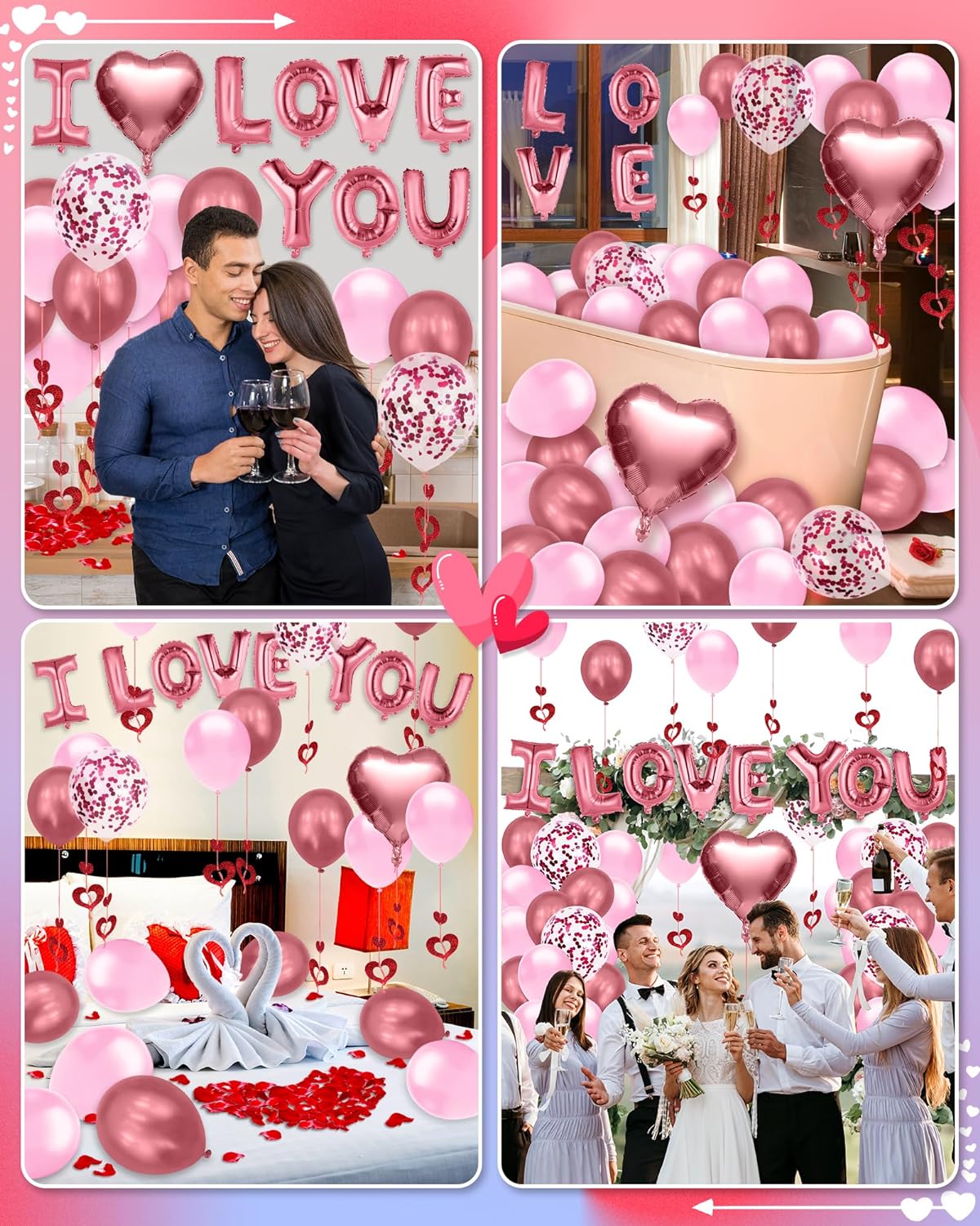 I Love You Balloons Valentines Day Balloons Kit with Rose Gold Pink Heart Balloons Rose Petals