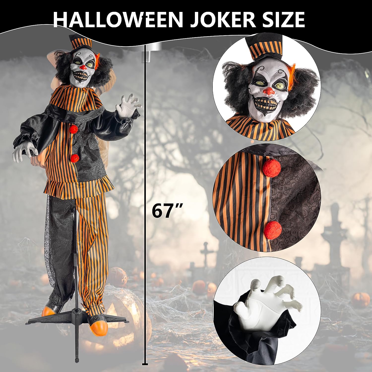 Halloween 67" Standing Clown Decoration Talking Clown Prop with Flashing Red Eyes