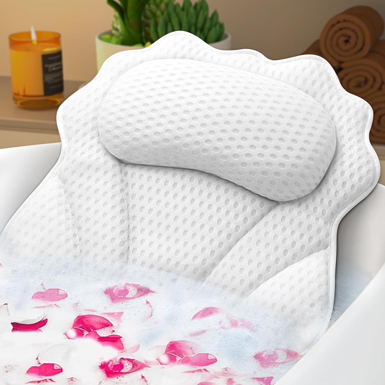 Bath Pillow Ergonomic Luxury Bathtub Pillow, 4D Bath Pillows for tub with 6 Powerful Suction Cups, Fits All Bathtub