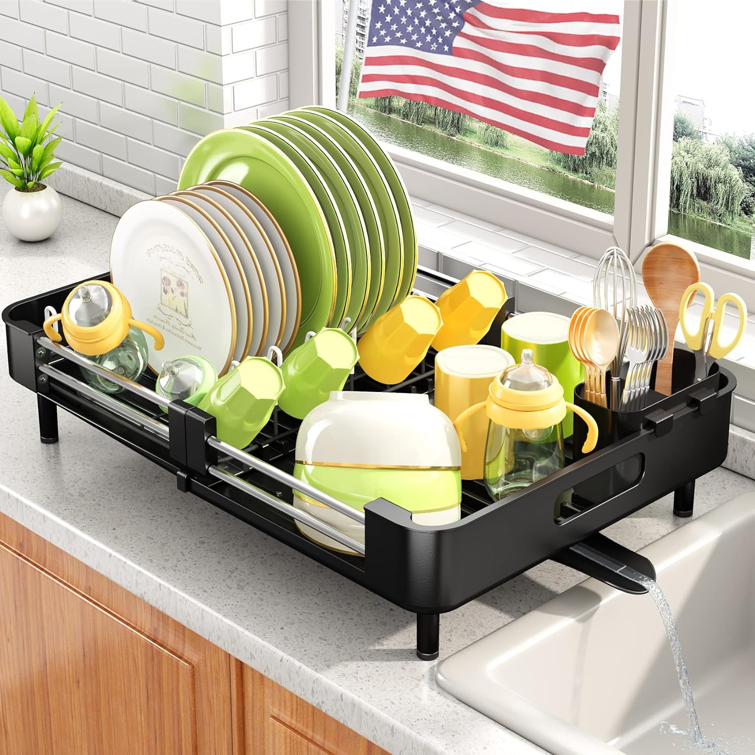 Dish Drying Rack with Utensil Holder, Expandable Dish Rack, Black