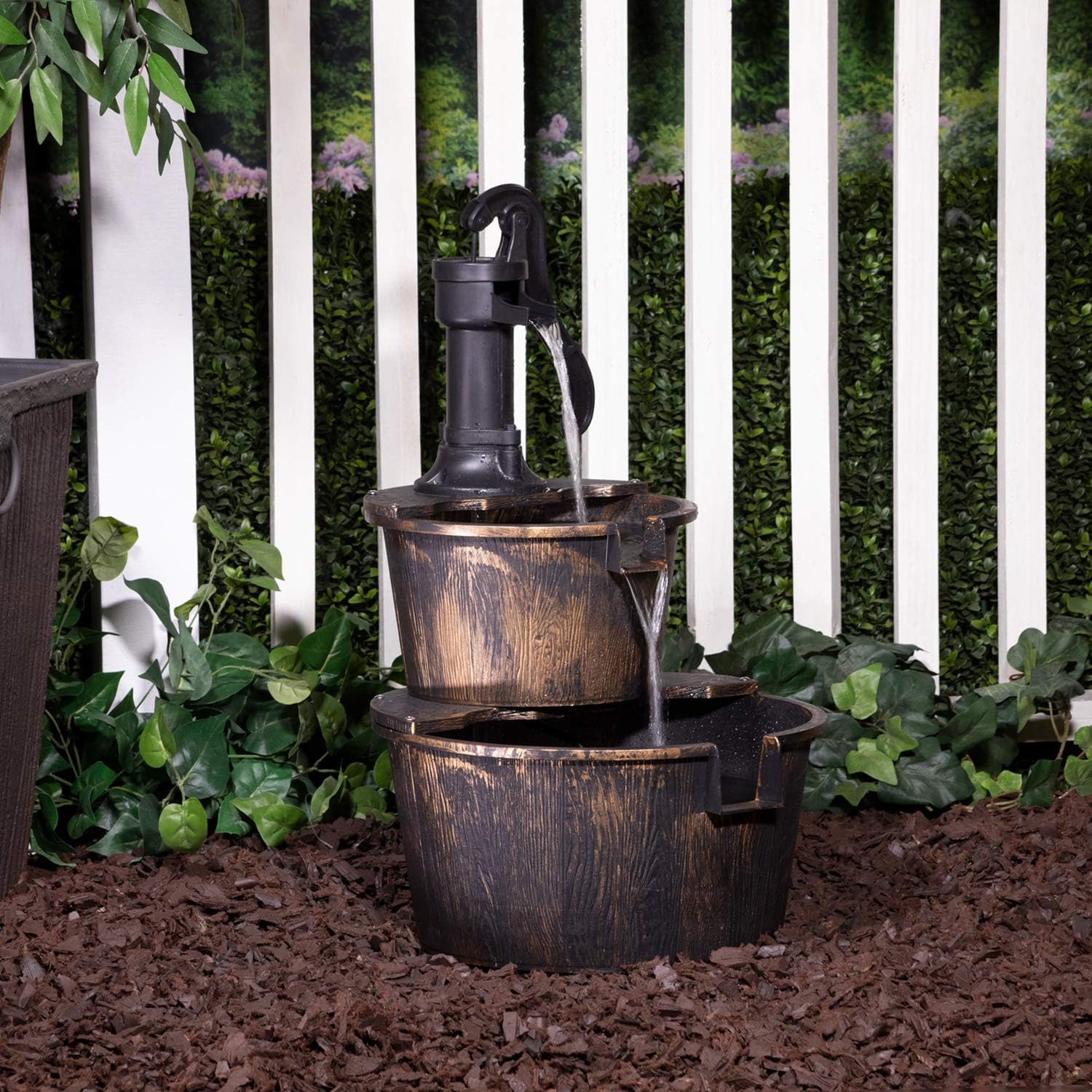 Barrel and Pump Waterfall Fountain 27" Tall, Bronze Finish