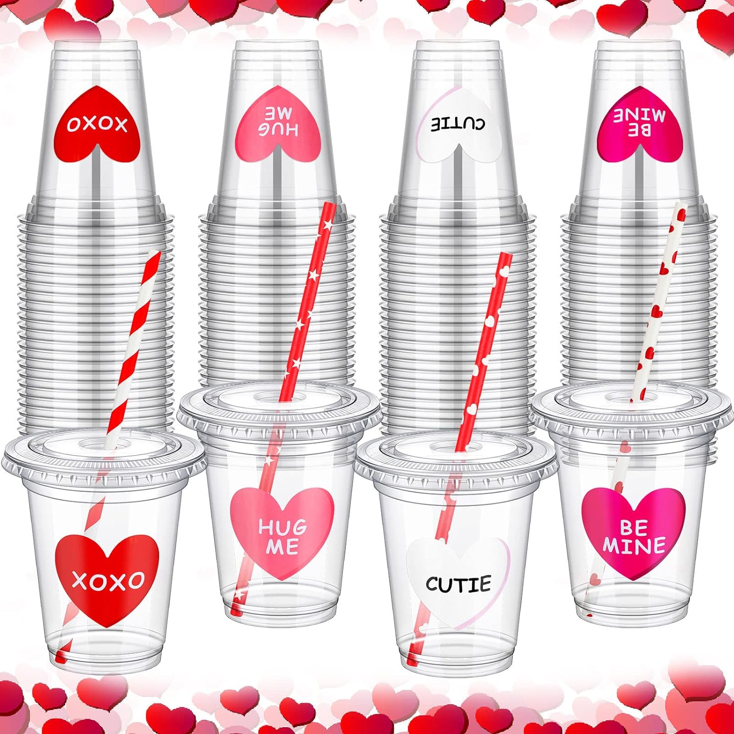 20 Sets Valentine's Day Disposable 12OZ Cups with Lid and Straws, Clear Plastic Valentines Cups with Heart Shaped Stickers