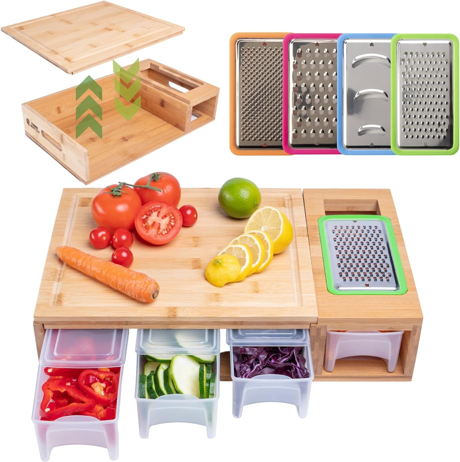 Bamboo Cutting Board With Containers and Removable Top  Kitchen Boards & Food Storage Tray With Lids, Home Prepdeck Marble & Veggie Shredder Wood Prepboard Deck Slide Drawer Bins