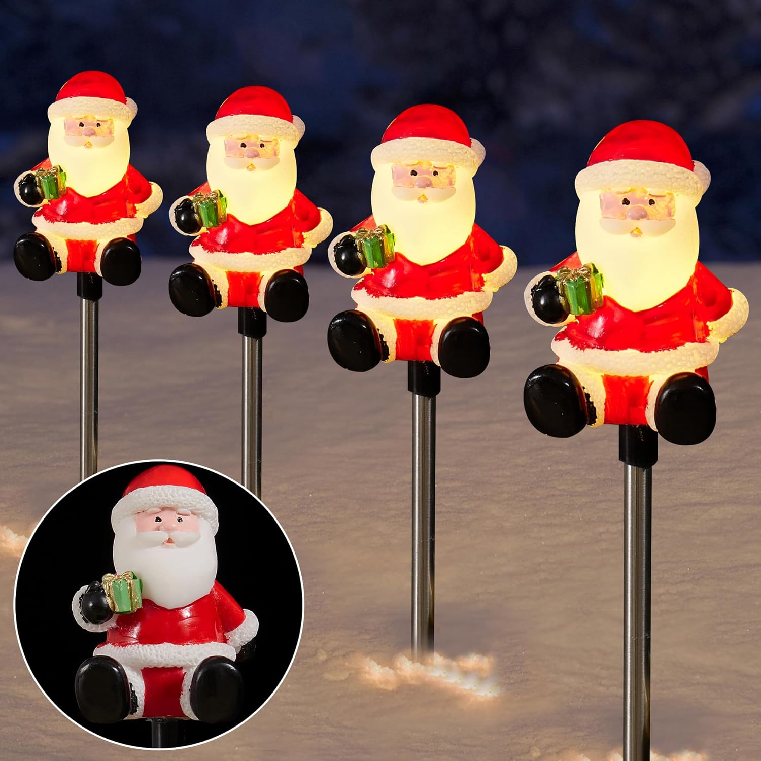 Christmas Santa Claus String Lights with Stainless Steel Stakes, 4 Packs Battery Operated Pathway Lights with IP65 Waterproof and Timer