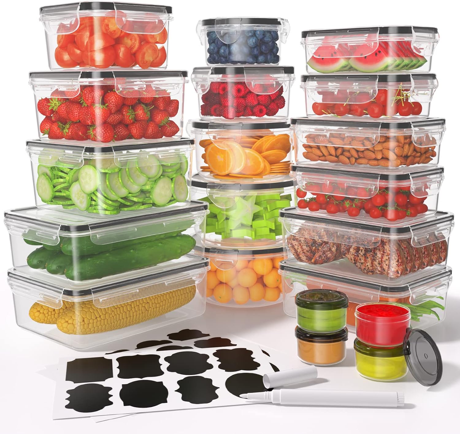 Food Storage Containers with Lids Airtight (20 Containers & 20 Lids) with Labels & Marker Pen