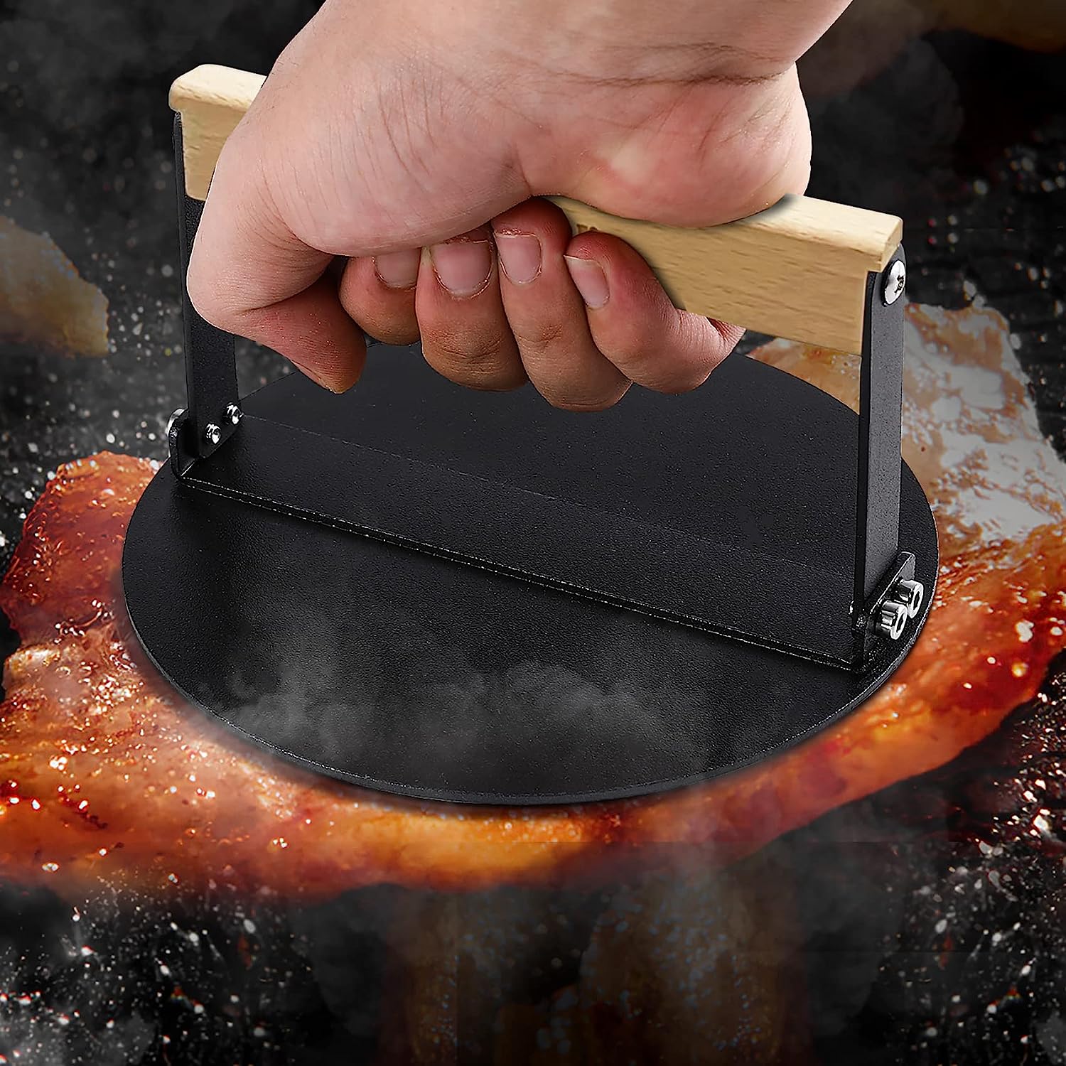 Smash Burger Press 6 inch, Round Burger Smasher Grill Press for Griddle Bacon Press Meat Steak Press with Wood Handle