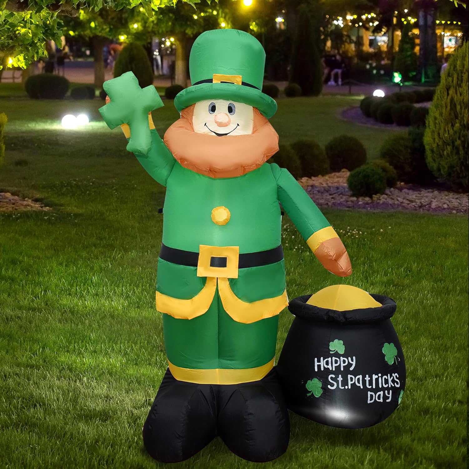 6FT St. Patrick's Day Inflatable Giant Green Leprechaun Holding Shamrock with Pot of Gold with Outer Built-in LED Lights