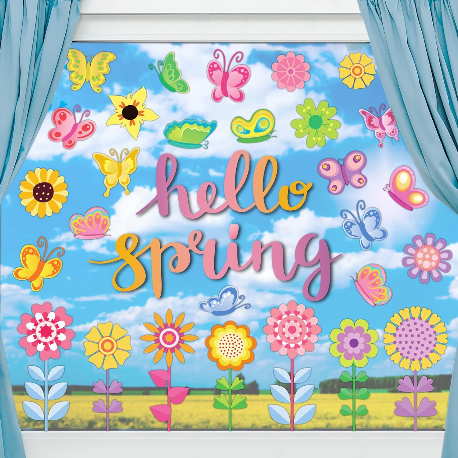 Hello Spring Window Clings, 118 Pieces Spring Flower Butterfly Window Decals for School Home Kids Spring Decoration