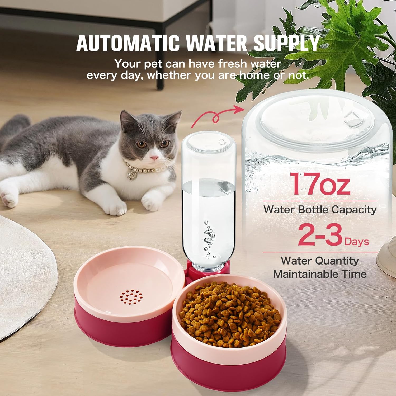 Cat Food Bowl with Water Dispenser for Cats and Small Dogs, Red