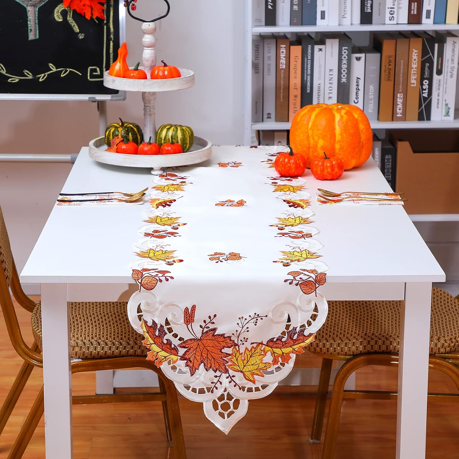 Leaves Table Runner for Thanksgiving Embroidered 16" x 69" Table Scarf