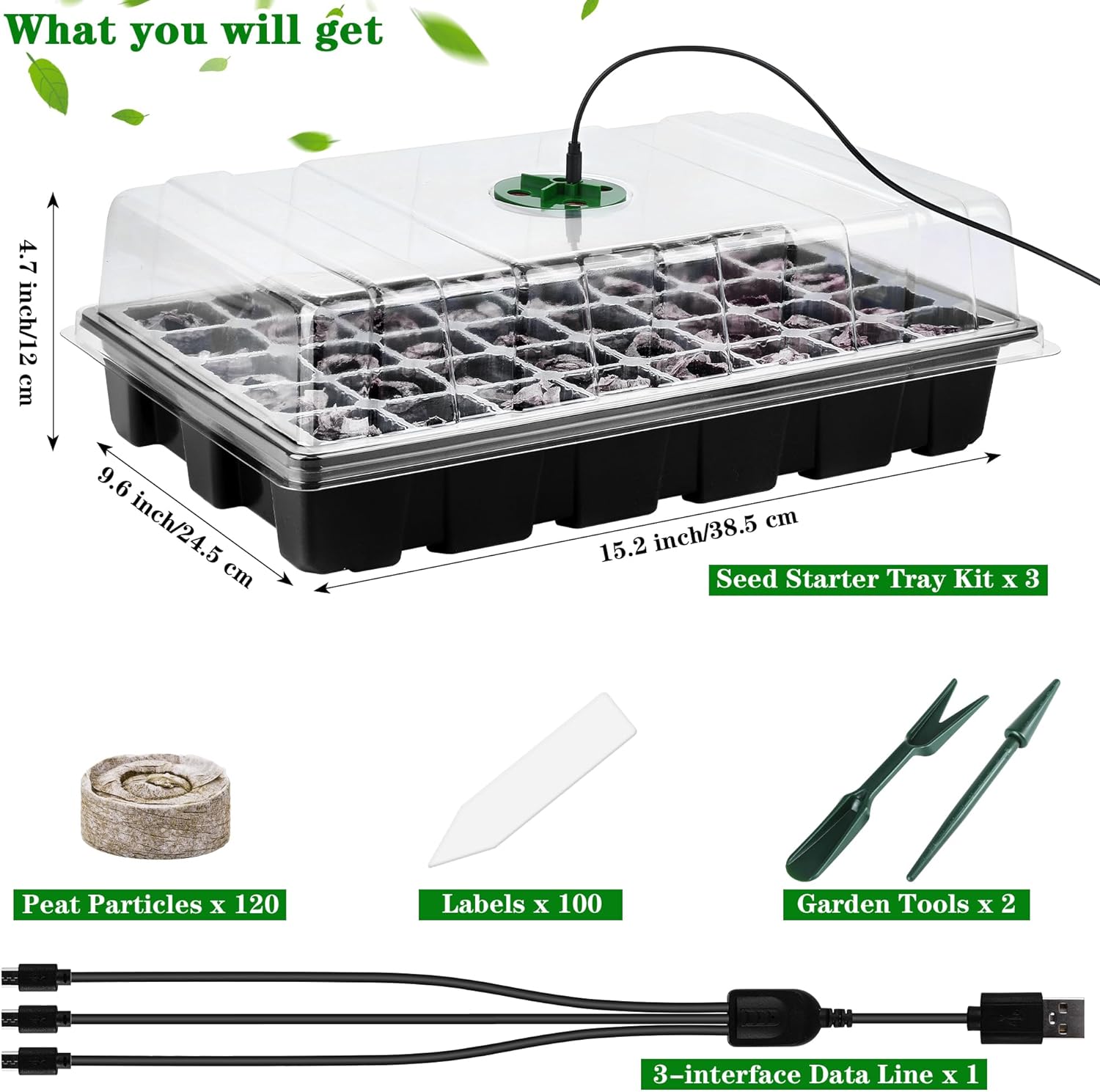 3 Pack Seed Starter Tray Kit with Grow Light Germination Trays with Humidity Dome, 120 Peat Pellets, Gardening Tools, Plant Labels, Plant Growing