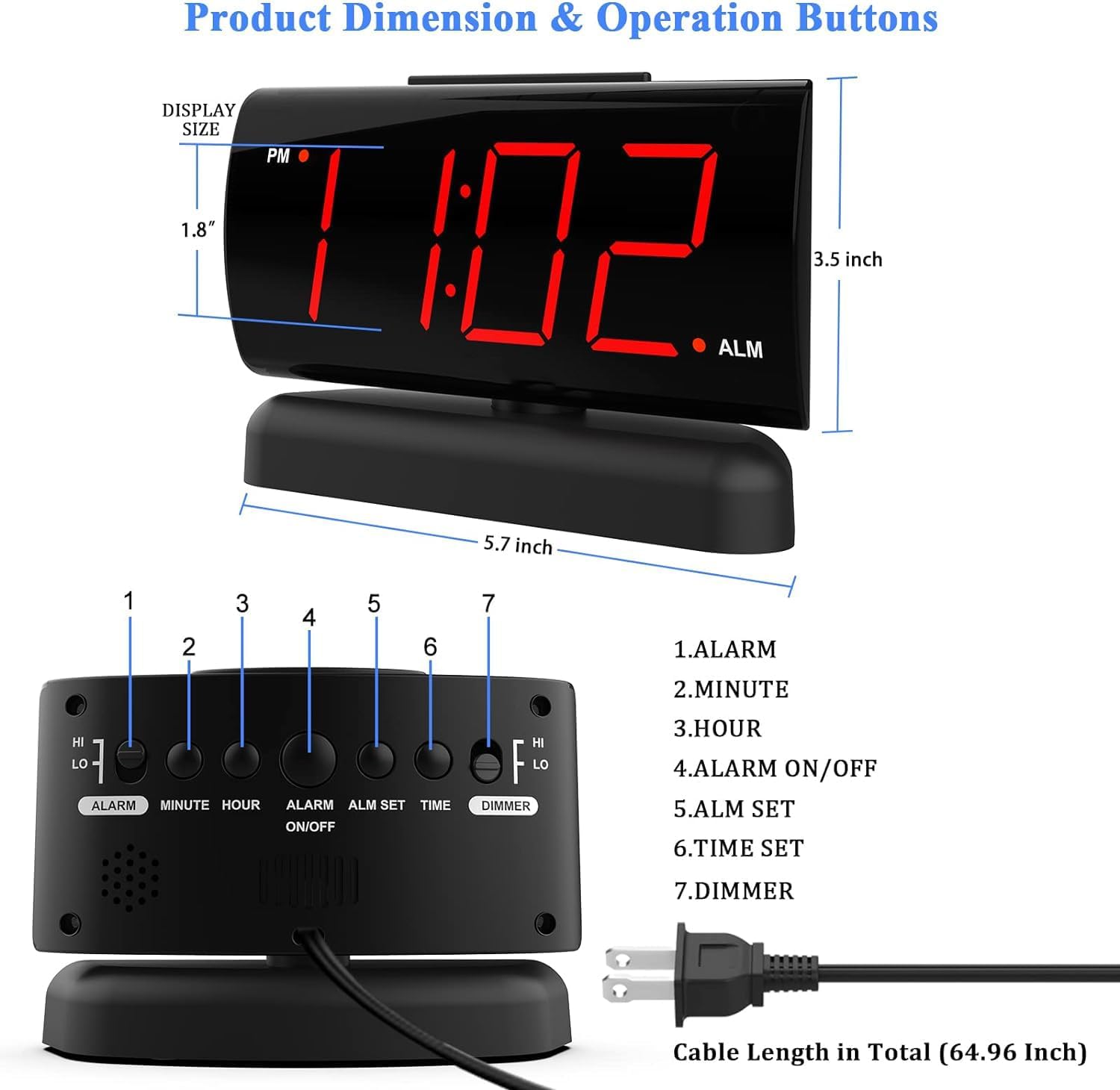 Large Digital Alarm Clock with 2-Level Adjustable Brightness (Black)