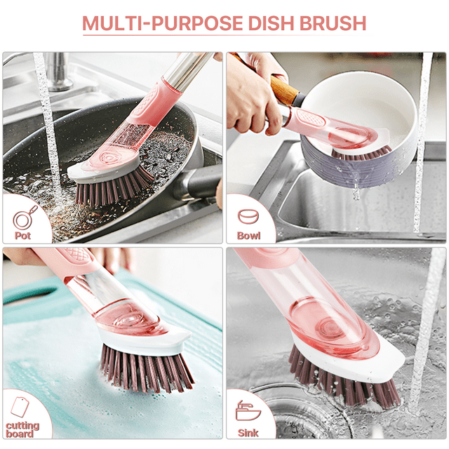 Stainless Steel Handle Scrub Brush with 3 Replaceable Brush Heads and 1 Holder for Sink Pot Pan Cleaning