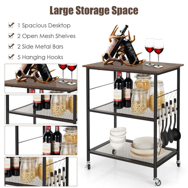 Rolling Microwave Cart 3-Tier Utility Rack (Brown)