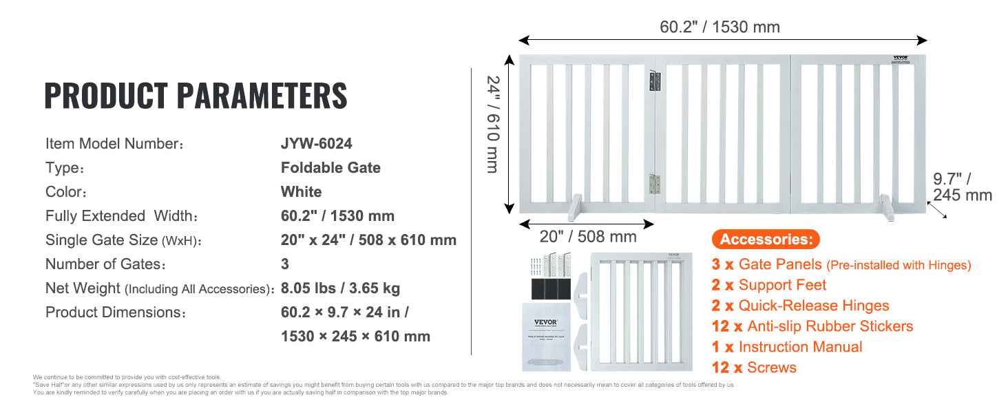 Freestanding Pet Gate Narrow Passageway Foldable Design (White)