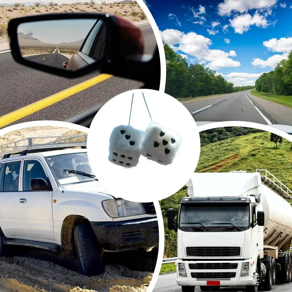 Soft Plush Dice Car Mirror Dangler with Lucky Heart Design Car Acessories (White)