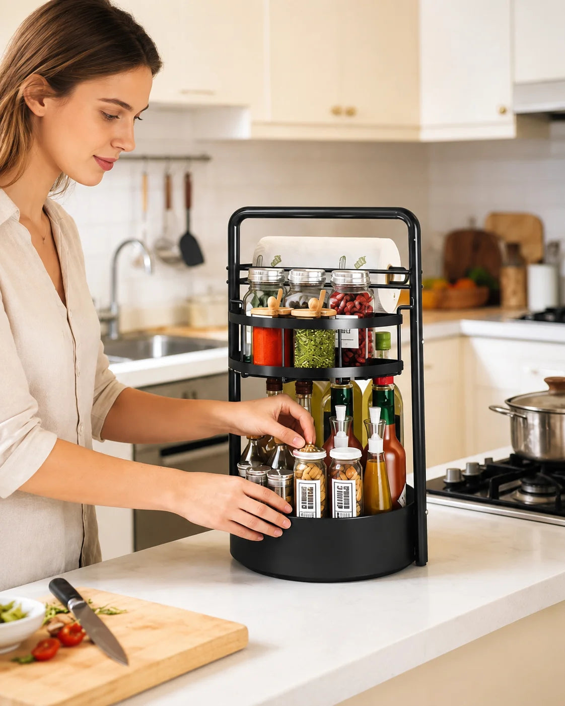2-Tier Kitchen Countertop Organizer with Paper Towel Holder – Heavy-Duty Spice Rack for Sauce, Oil Bottles &amp; Kitchen Storage