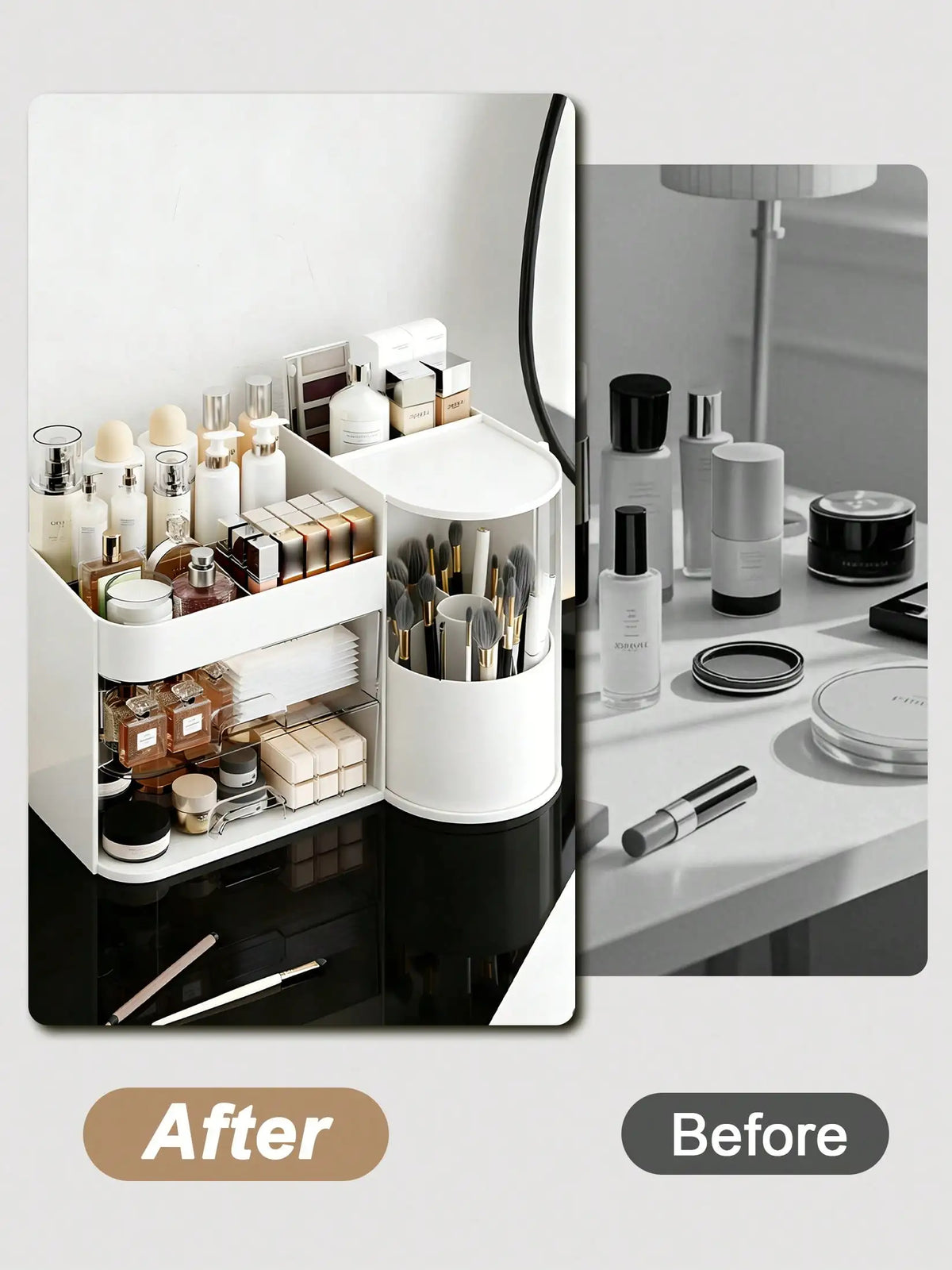 2-Tier Rotating Makeup Organizer with Brush Holder – Large-Capacity Skincare and Cosmetic Storage