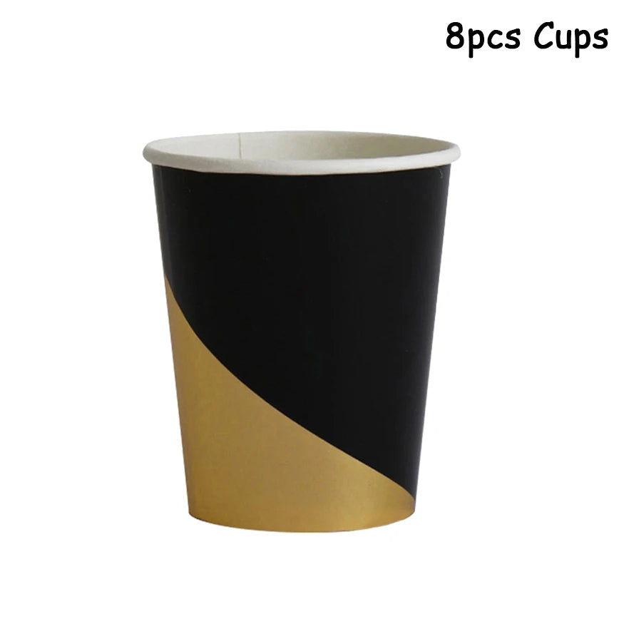 Happy New Year Disposable Cups 8PCS Black and Gold for New Years Eve