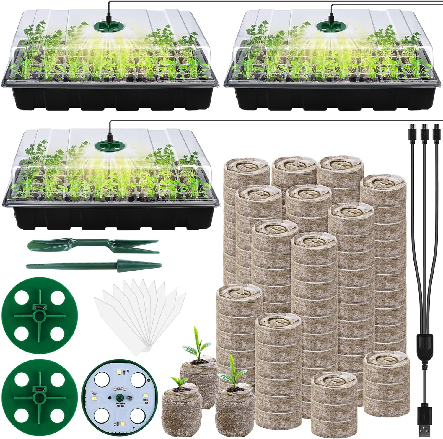 3 Pack Seed Starter Tray Kit with Grow Light Germination Trays with Humidity Dome, 120 Peat Pellets, Gardening Tools, Plant Labels, Plant Growing