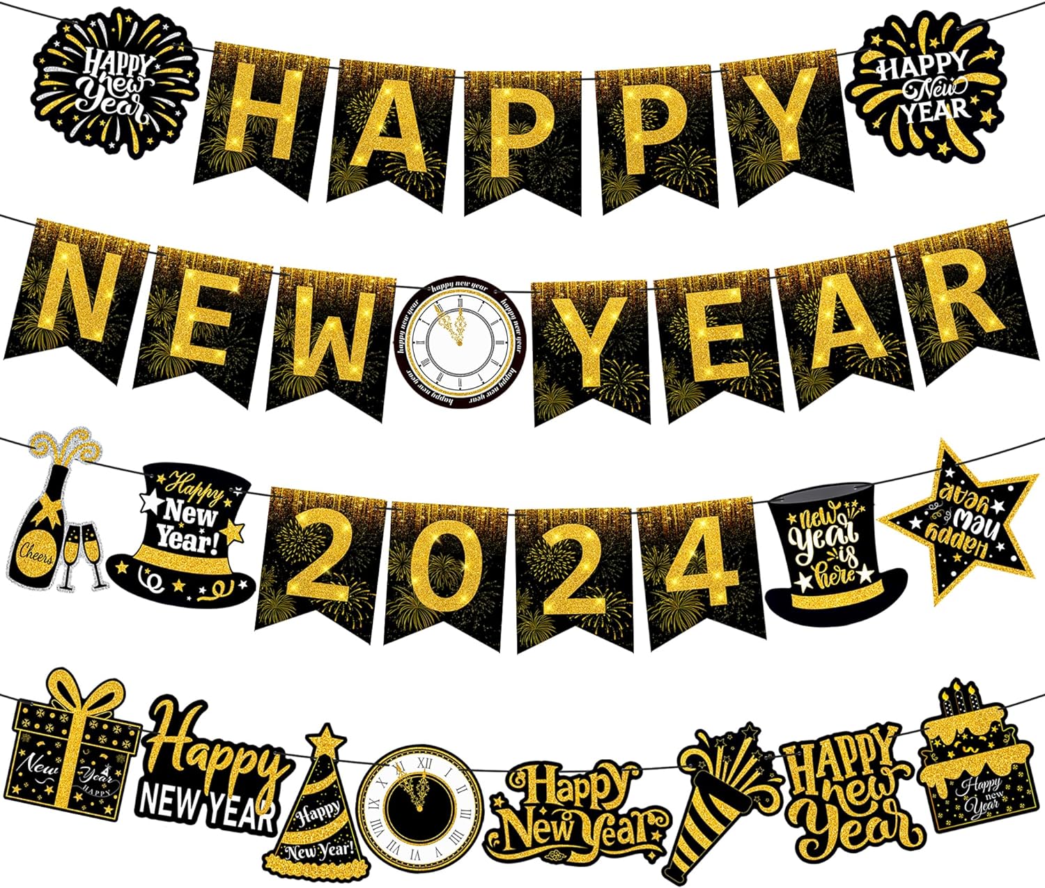 Black & Gold Glitter Happy New Year Banner 2024 - Festive Decor for Homes & Parties