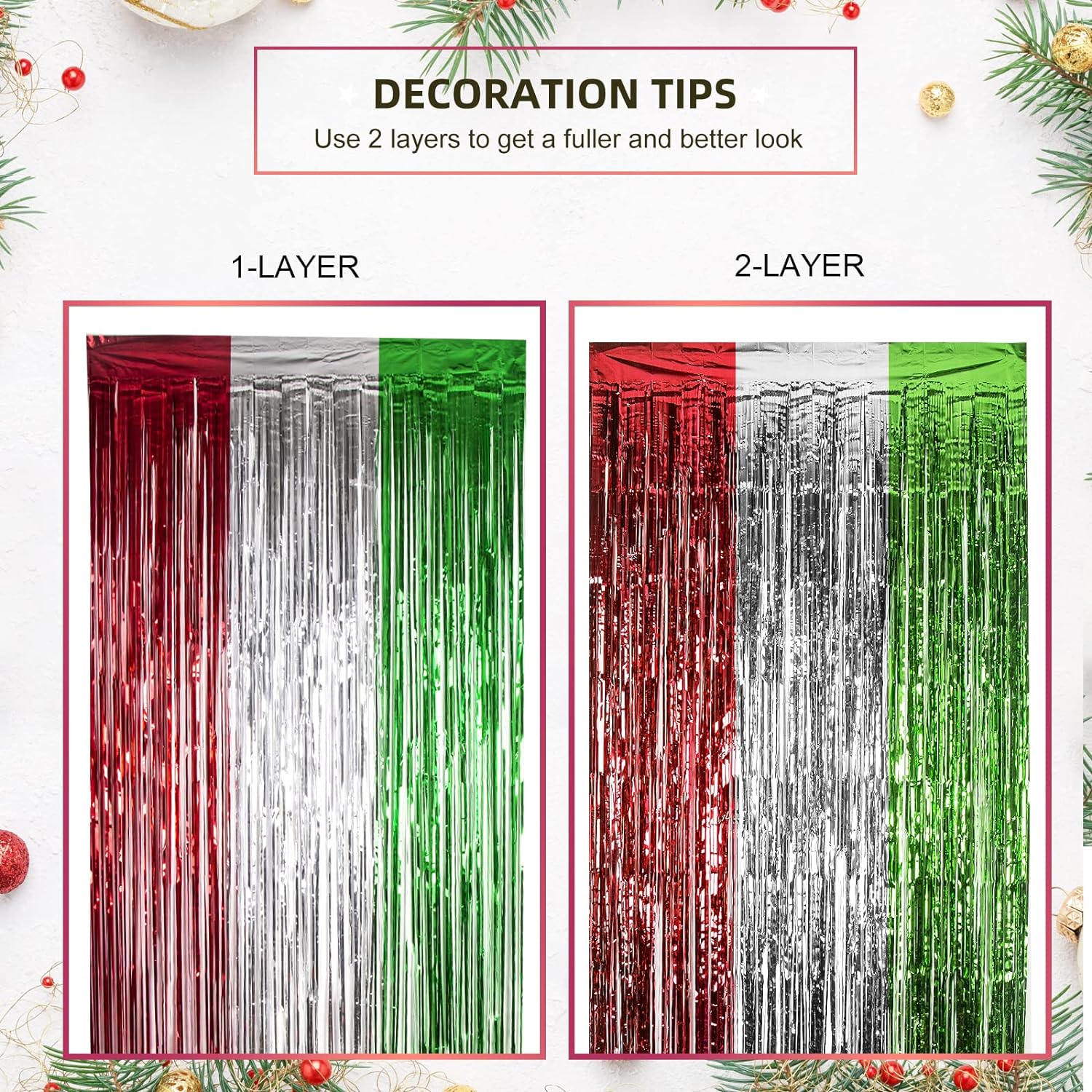 Christmas Foil Fringe Curtains 3 Pack Red Silver Green Tinsel Fringe Party Photo Backdrop (3.3 X 6.6 FT)