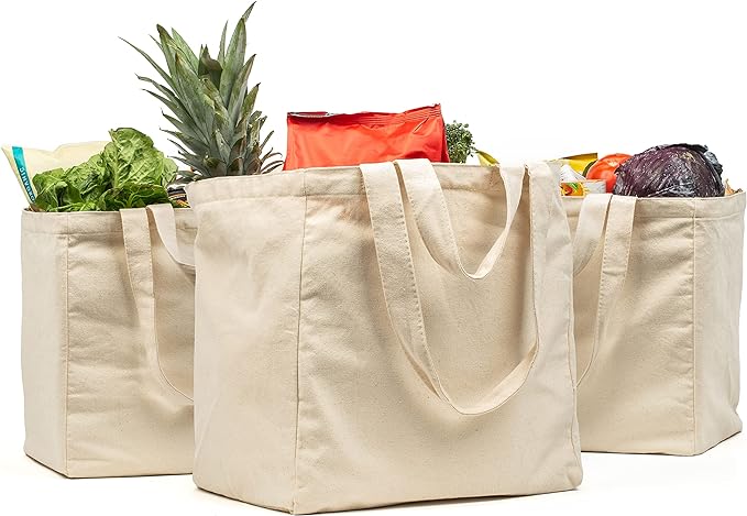 Canvas Grocery Bag XL Set 3 Pieces with Real Pockets, Long Shoulder Strap and Short Handle, Beige