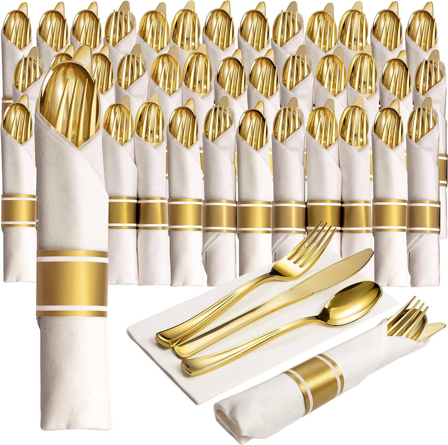 50 Pre Rolled Gold Plastic Silverware Sets, For 50 Guests Wrapped Disposable Silverware Set with Forks, Knives, Spoons, White Napkins