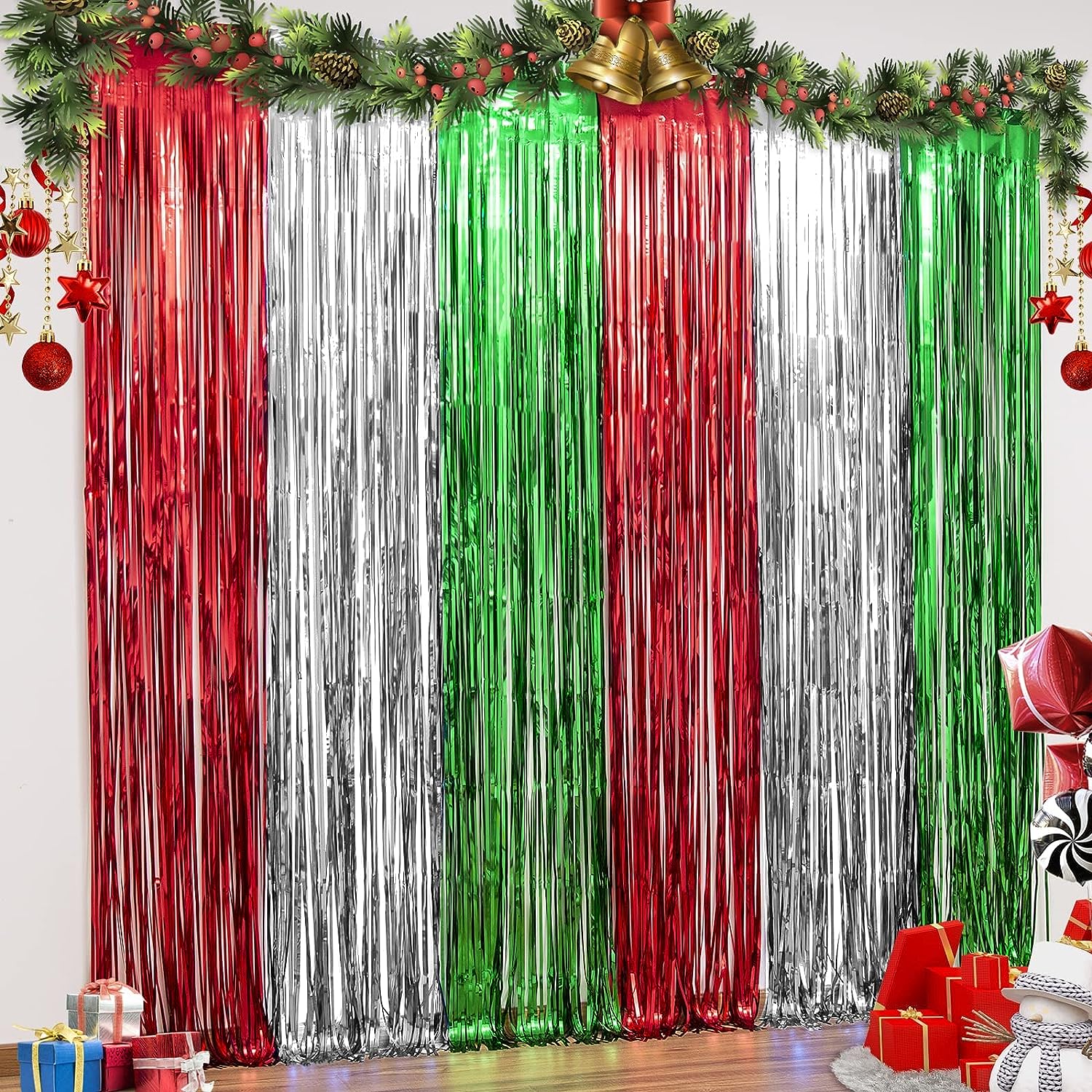 Christmas Foil Fringe Curtains 3 Pack Red Silver Green Tinsel Fringe Party Photo Backdrop (3.3 X 6.6 FT)