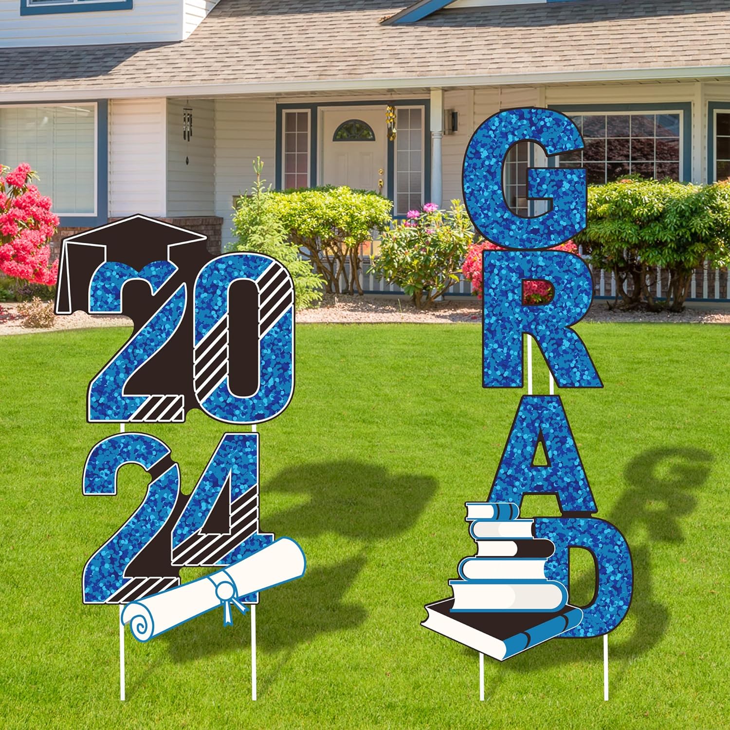 2024 Glittering Graduation Yard Signs with 8 Pieces Stakes Party Outdoor Decorations, Blue