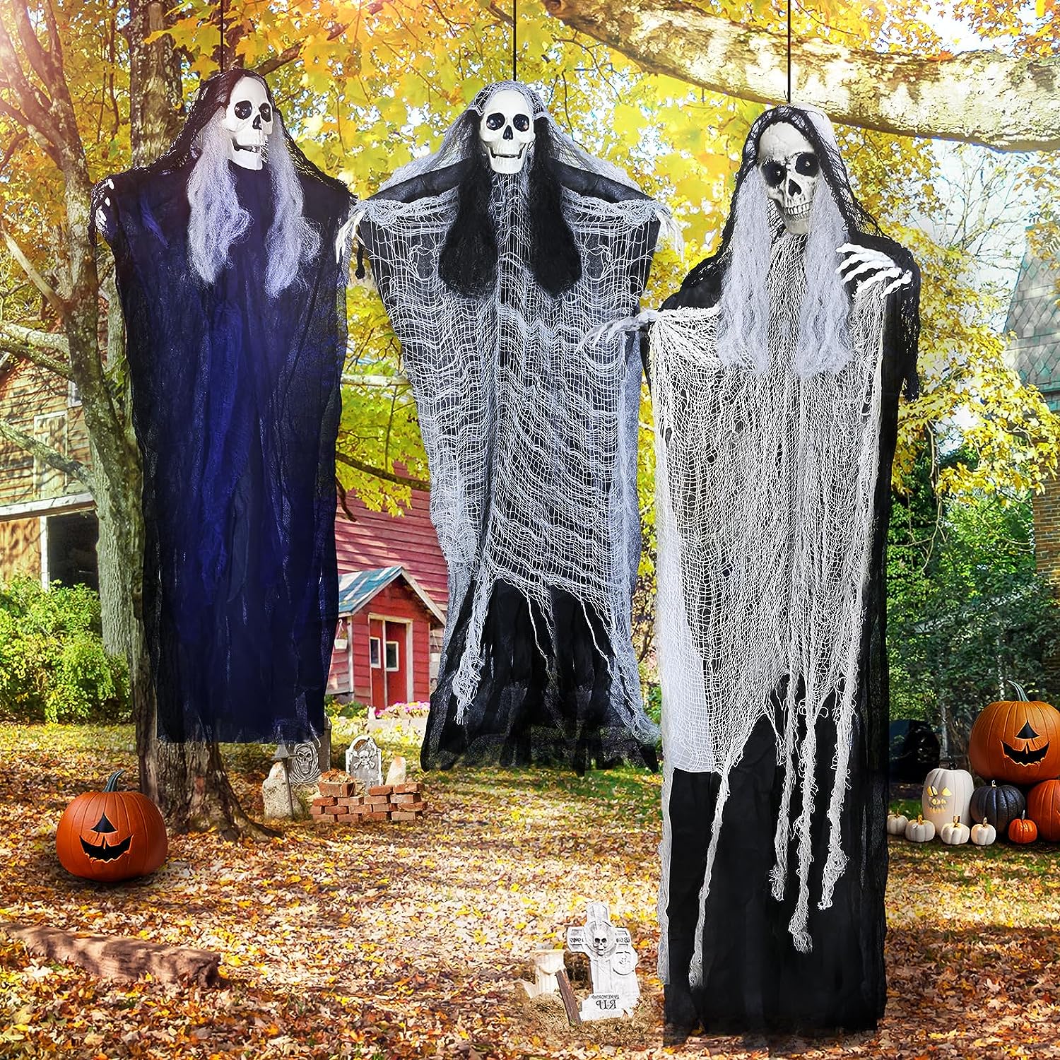 Grim Reapers Hanging Skeleton Ghosts 3 Pack Halloween Decorations