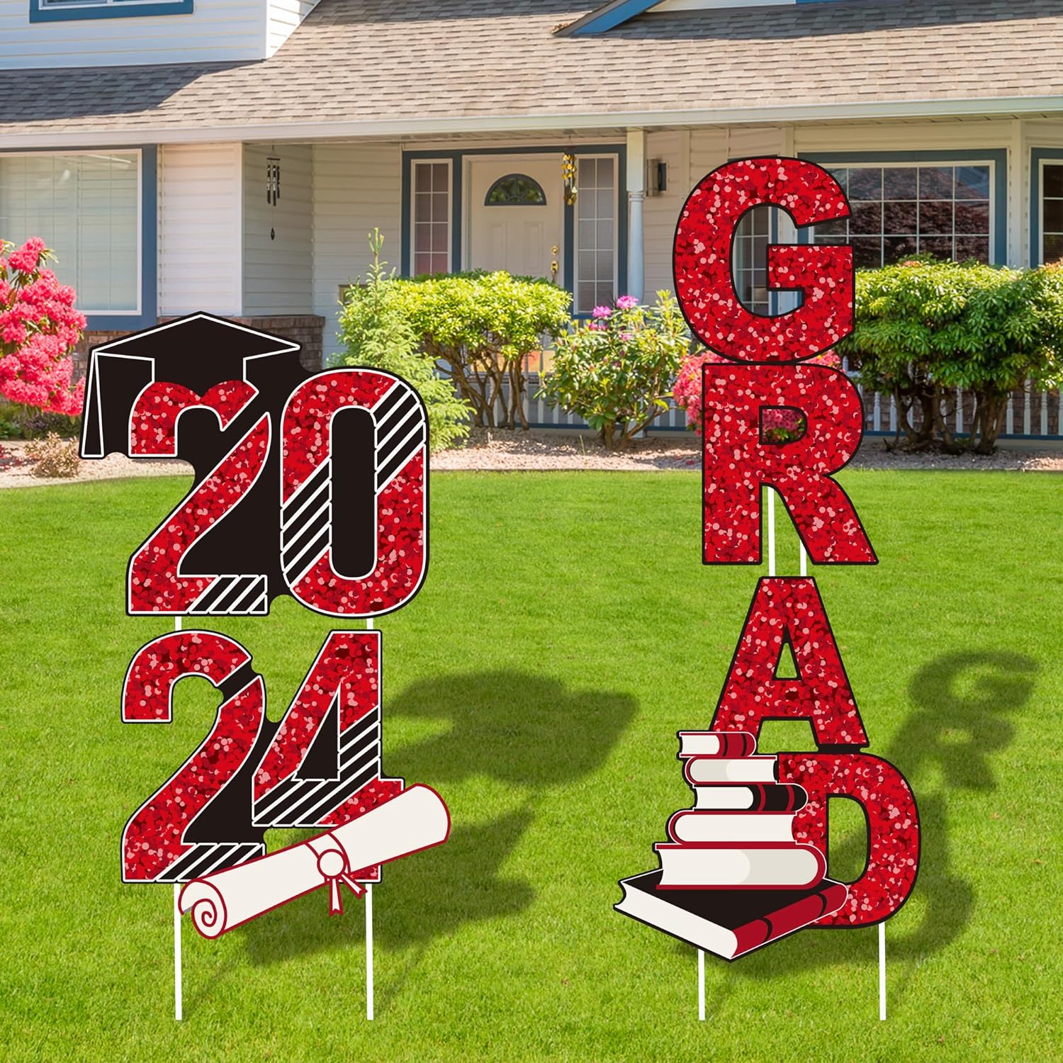2024 Glittering Graduation Yard Signs with 8 Pieces Stakes Party Outdoor Decorations, Red