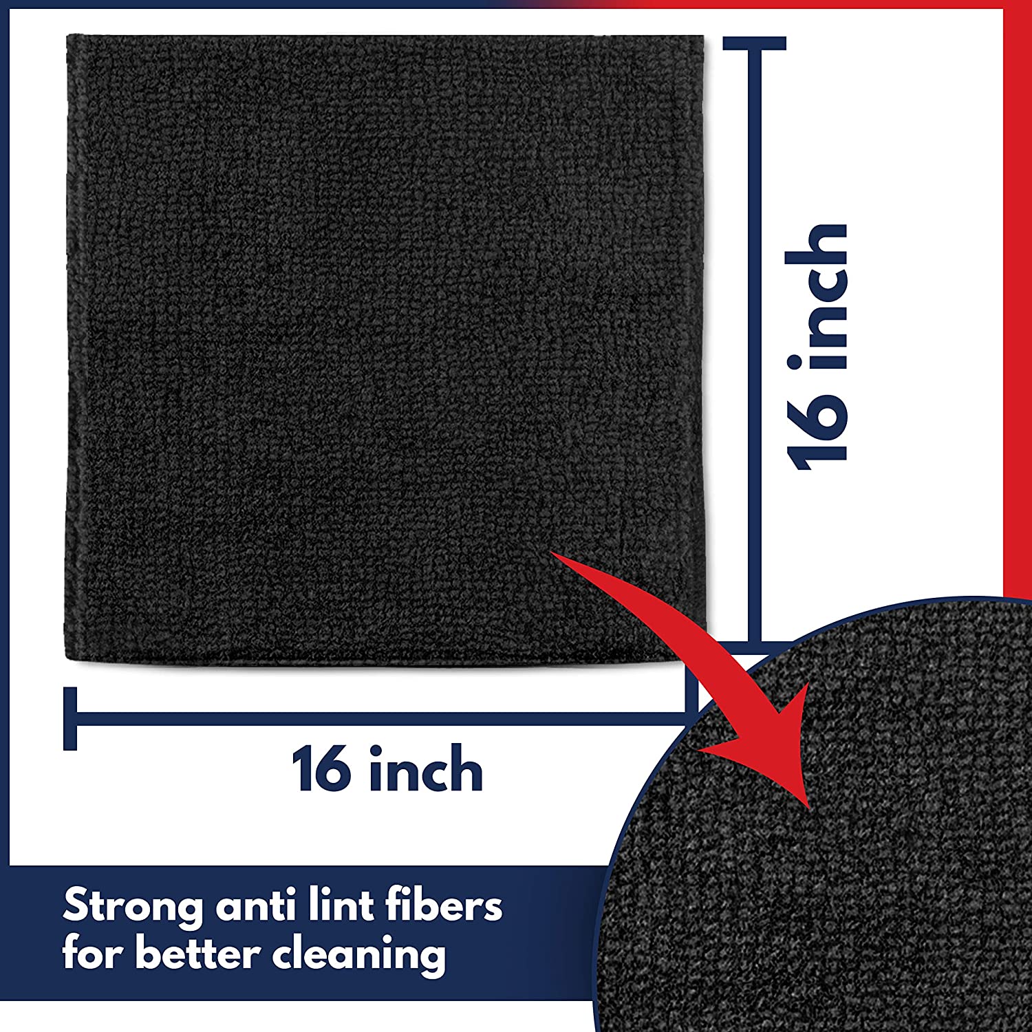 Cleaning Microfiber Cloth, 12 Pieces, 16x16 inch, Black