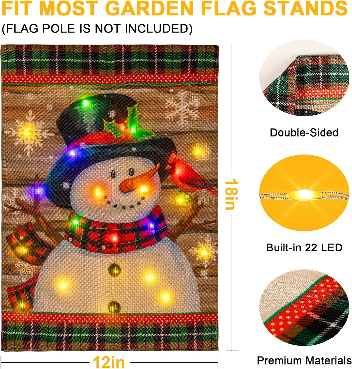 Snowman Flag Lighted Winter Garden Flag Without Flag Pole, 12" x 18" Double Sided Garden Outdoor Flag